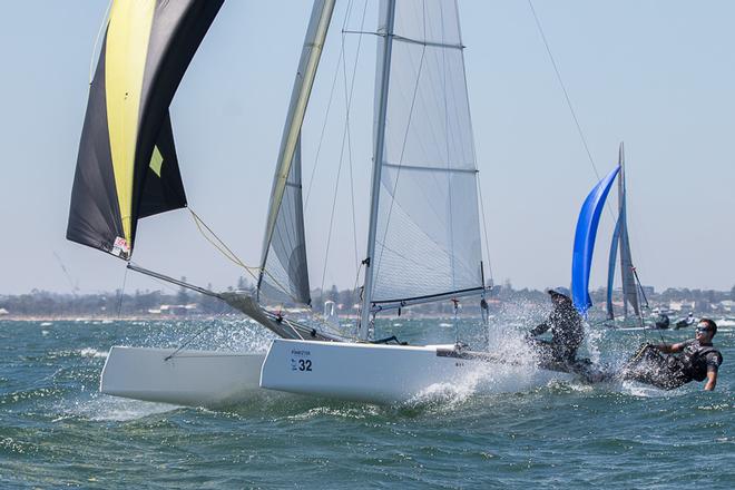 Kiwi crew fourth in this race captured here and sit in third overall – their drops are an eight and a seven, so proof of good consistent racing by Olivia Mackay and Micah Wilkinson. - Pinkster Gin 2017 F18 Australian Championship ©  Alex McKinnon Photography http://www.alexmckinnonphotography.com